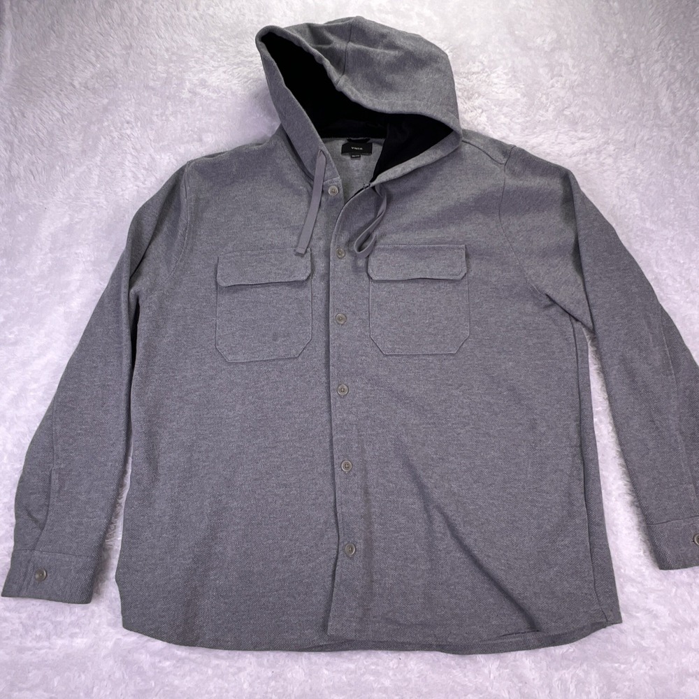 Vince Men's 2XL Moss Stitch Tweed Button-Up Hoodie Jacket‎ Gray Front Pockets